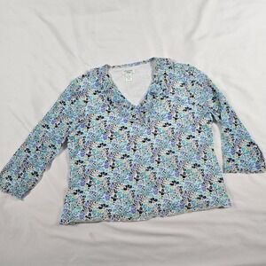 Laura Ashley Petite Blue Floral Top Ruffle Collar V-neck Blouse Cottagecore PL